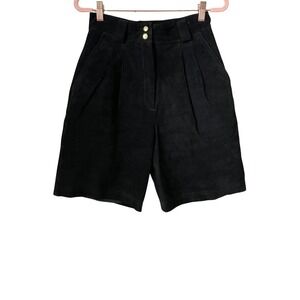 Vintage 90s Suede Leather High Waisted Pleated Shorts Erez Levy Black Gold 8